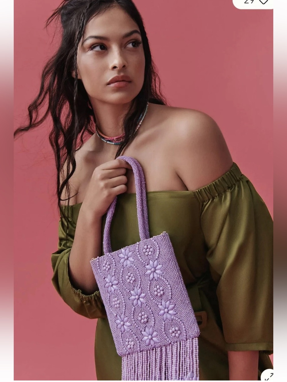 NWT Anthropologie Lilac Beaded Floral Mini Tote with Fringe lavender purple